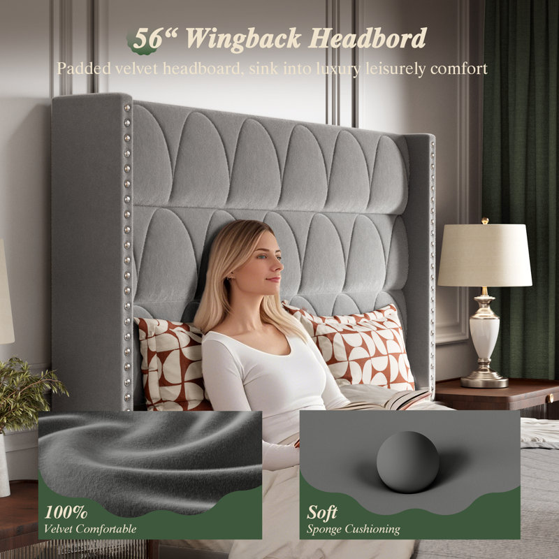 56" High Back Velvet Upholstered Wingback Headboard, Floor-Standing For Adjustable Mattress Heights, Gray, King