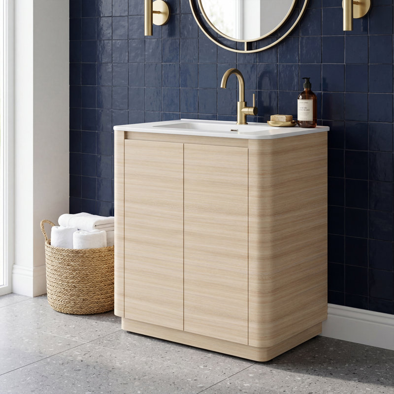 30" Freestanding Bathroom Vanity with Ceramic Sink, Rounded Corners & Handle-Free Design, 30"
