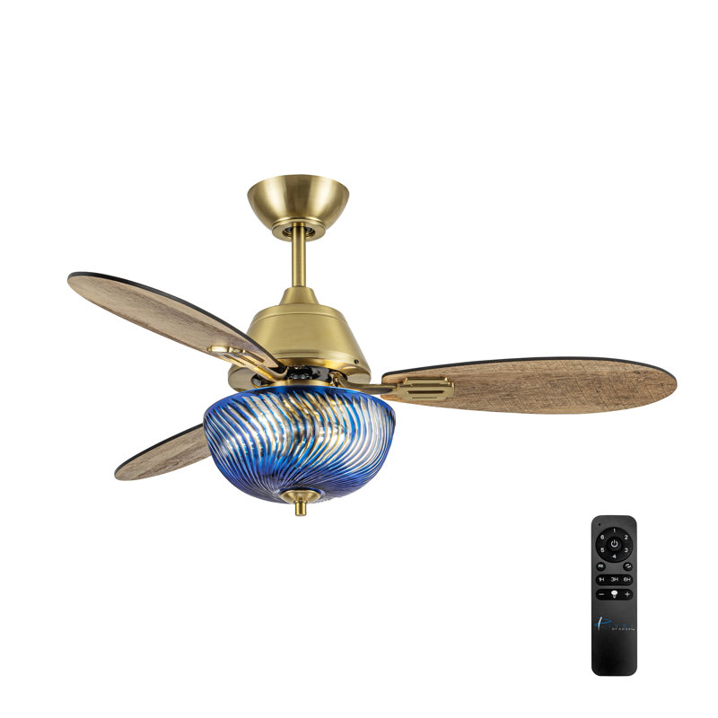 42"W Cecily LED Indoor Swirl Hand-Cut Glass Ceiling Fan With Remote Control, Gold with Brown Blades