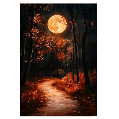 1pc Wooden Framed Canvas Autumn Full Moon Dark Forest Art Print - Dark Rustic Gothic Halloween Decor.
