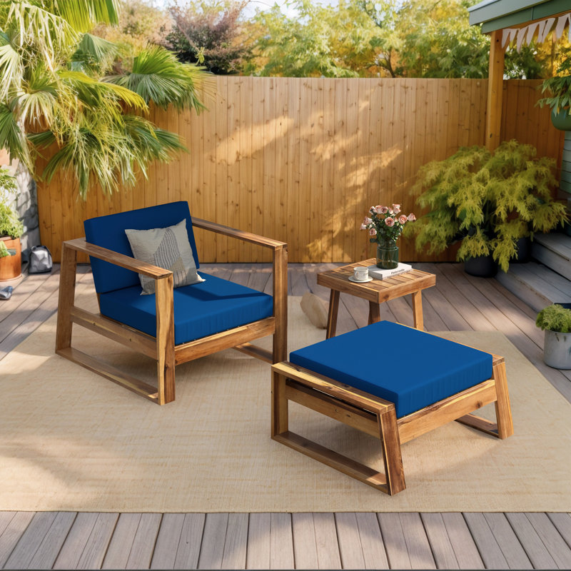Ensemble de meubles d'extérieur 3 pièces, chaise longue avec repose-pieds et table basse, Bleu, Bois naturel