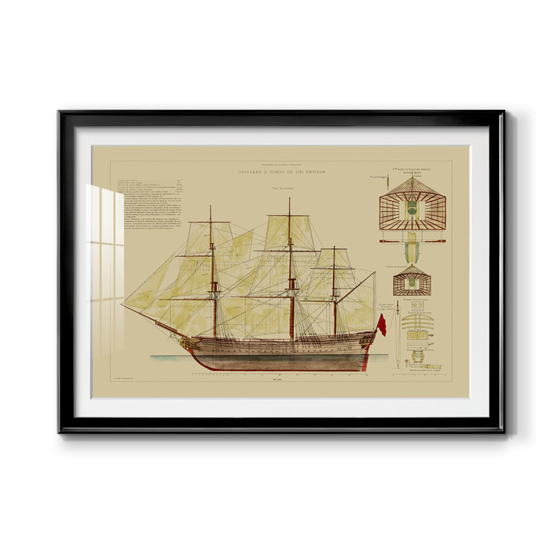Plan antique du navire - reproduction de cadre photo, L 30,5 po x H 22,5 po, Noir