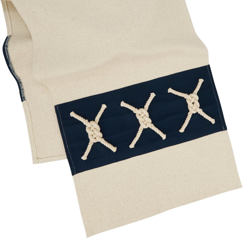 Nautical Blue and Beige Cotton Table Runner with Rope Knots