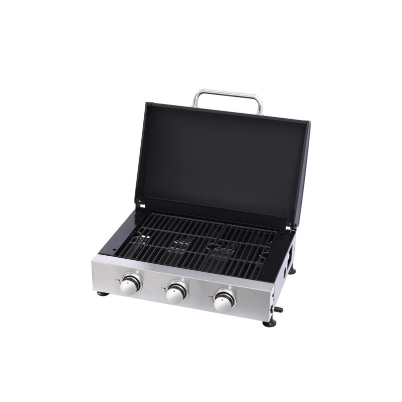 Barbecue au gaz à 3 brûleurs avec résistance aux hautes températures, filet en fonte, poêle émaillé, carter d'huile coulissant, conception +, corps en acier inoxydable 28650Btu Power Power, corps incassable, barbecue multifonction