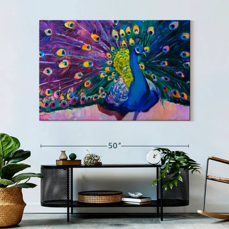 Paon éblouissant sur toile, H 34 po x l 51 po x P 1,25 po
