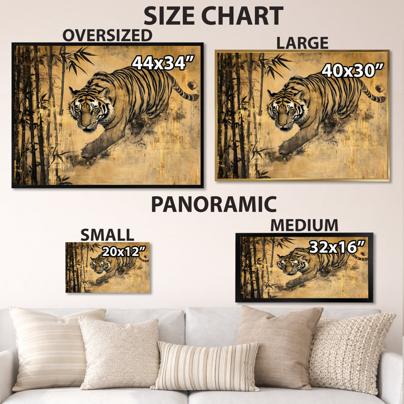 «Tiger parmi les bambous I», art mural chinois encadré, H 12 po x l 20 po, Toile tendue