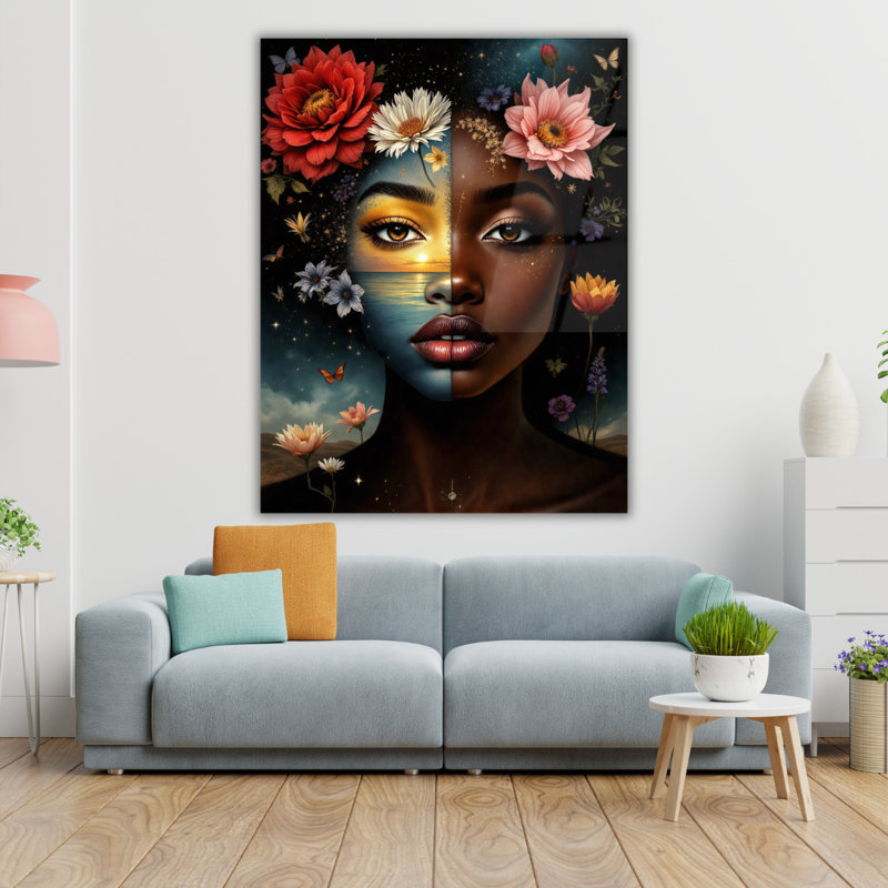 Art mural en verre trempé femme afro-américaine, H 36 po x l 24 po