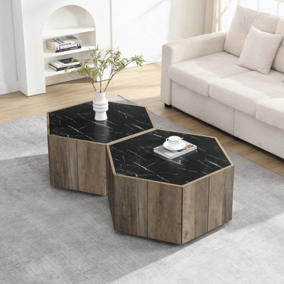 Hexagonal Rustic Retro Wood Coffee Table With Hidden Storage And Marble Top, Ideal For Living Room And Reception Areas