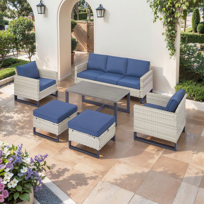 Nazime 6 - Pieces Outdoor Patio Sofa Seating Group with Ottomans and Cushions, Dark Blue/Light Gray