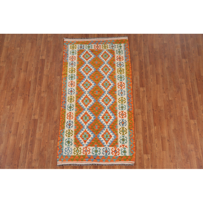 Geometric Kilim Reversible Wool Runner Rug 3x7