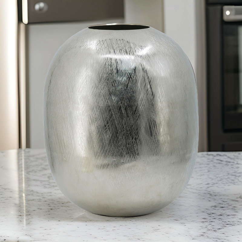 Chan 13 Inch Modern Metal Vase, Curved Round Shape, Metallic Silver Finish
