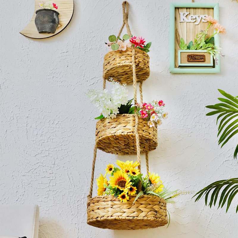 3 Tier Hanging Fruit Basket, Handmade Natural Water Hyacinth Wall Vegetable Storage Baskets