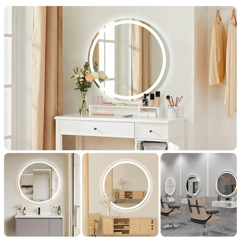 Wall-Mounted Round LED Anti-Fog Bathroom Mirror, Adjustable Brightness and Color Temperature Vanity Mirror, 36" x 36"