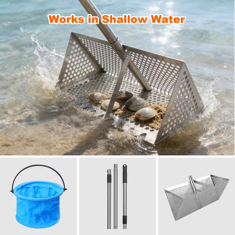 Stainless Steel Beach Sand Sifter, Beach Sand Shovel with Shell Basket, 133 cm Adjustable Sand Shovel with Three Piece Handle 20×40 cm Basket, Sand Shovel and Digging Tools Silver White