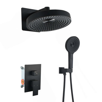 Système de douche encastré minimaliste moderne à 2 fonctions - Valve de contrôle en laiton massif, douche en ABS et à main avec buses en silicone autonettoyantes