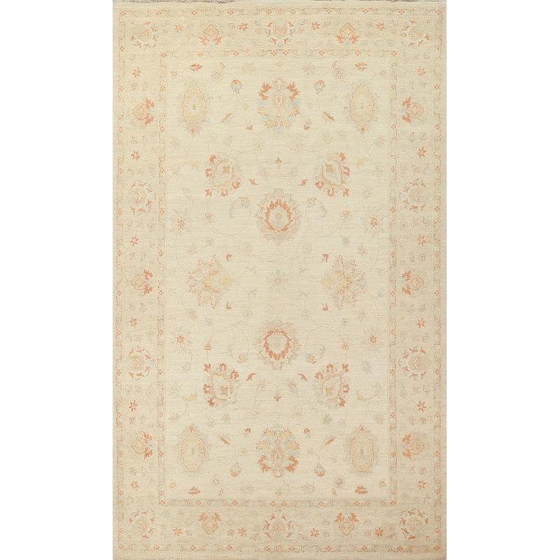 Tapis beige en laine noué à la main de conception unique 6 pi 6 po x 10 pi 3 po Peshawar Chobi