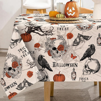 Vintage Halloween Skull Bat Pumpkin Tablecloth, Retro Gothic Washable Fabric Table Cover, Spooky Trick-or-Treat Decor for Halloween Parties, Picnics, Kitchen, Dining Room and Seasonal Gatherings