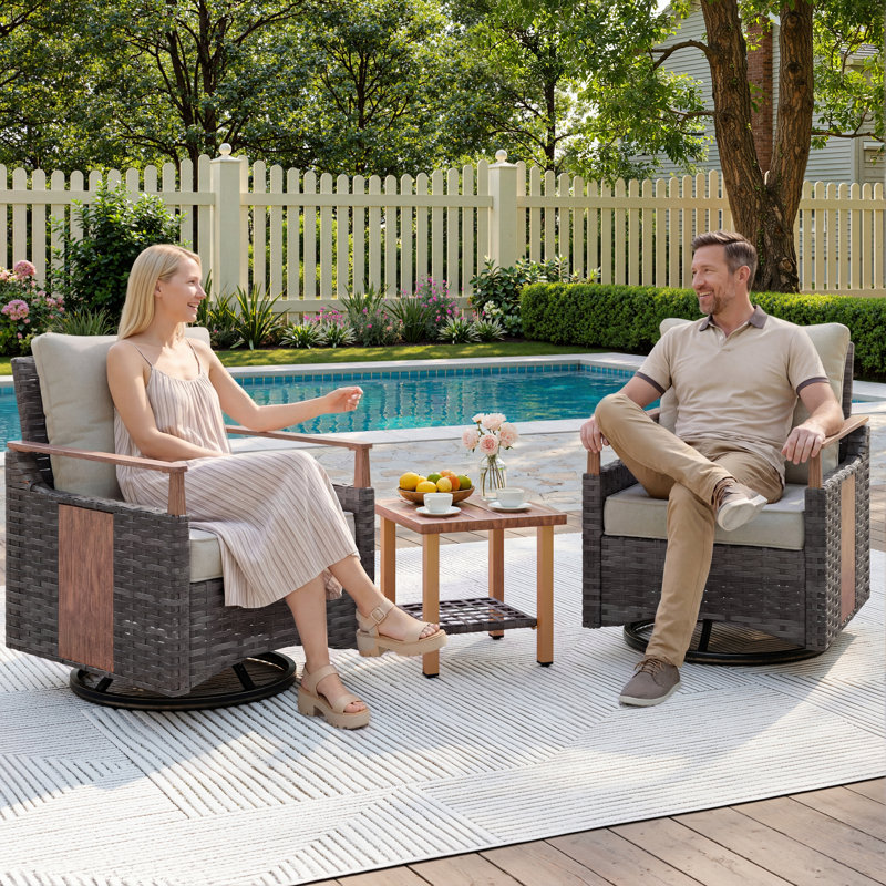 Melvarn 2-Person Outdoor Wicker Swivel Glider Chairs Two Person Bistro Set Patio Conversation Sets with Side Table, Beige
