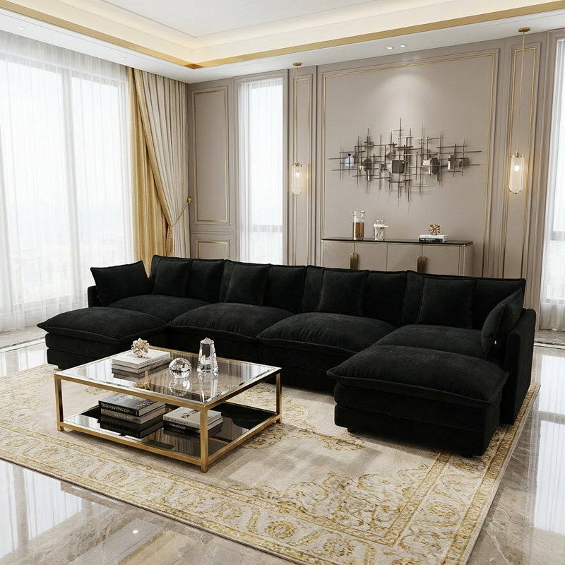 Canapé en U confortable avec méridienne réversible Hibbell, grand canapé modulaire en U modulaire, repose-pieds double supplémentaire
