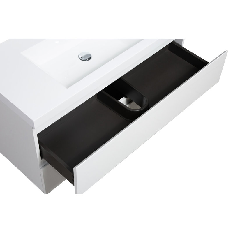 Meuble-lavabo flottant de 36 po avec lavabo, plateau en résine blanc brillant moderne et tiroirs à fermeture en douceur éblouissante, lavabo Dazzle
