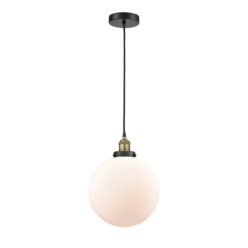 Luminaire suspendu simple à 1 lumière Frederick, H 15,5 po x l 12 po x P 12 po, Blanc mat, Laiton antique noir