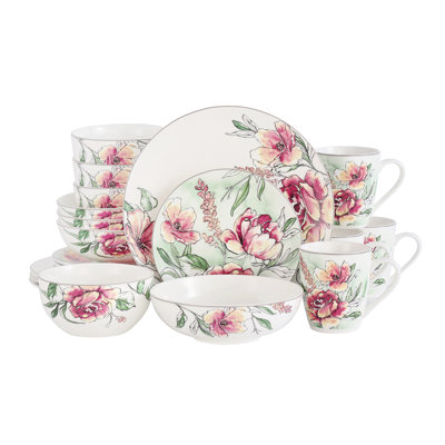  Floral Dinnerware Bone China Set, White with Pink Roses, Service for 4, 20 Piece, Microwave and Dishwasher Safe Dinner plates, Salad Plates, Bowls, and Mugs.