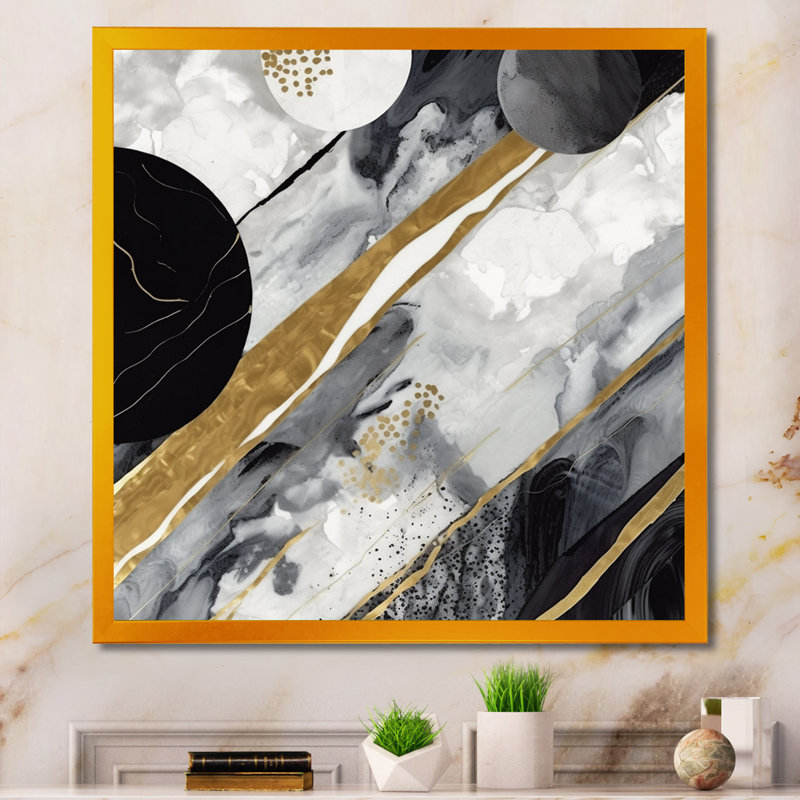«Black Gold Fusion», art mural sur toile marbré abstrait, H 36 po x l 36 po x P 1,5 po, Impression dorée sur toile encadrée