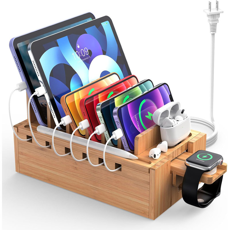 Station de recharge en bambou pour plusieurs appareils avec chargeur USB à 5 ports, 5 câbles et support pour montre. Organisateur de bureau en bois pour téléphone portable, tablette, montre, accessoires de bureau