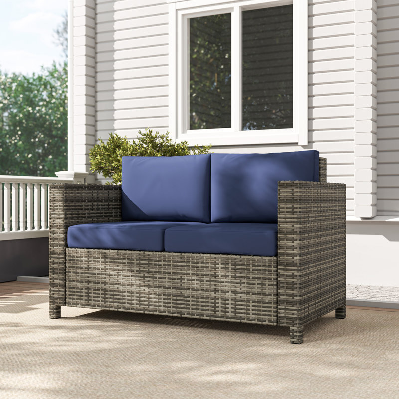 130cm Wide Rectangle Wicker Loveseat with Cushions, Navy Blue