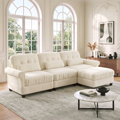 Canapé d'angle modulaire 3 places en chenille avec pouf, coussin d'assise à bord froncé, accoudoirs arrondis et coussins lombaires assortis, coussin d'assise rembourré haute densité pour salon, appartement