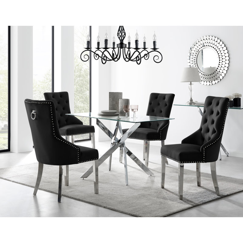 Lenworth Chrome and Glass Rectangular Dining Table Set with 4 Luxury Button Velvet Chairs, Black