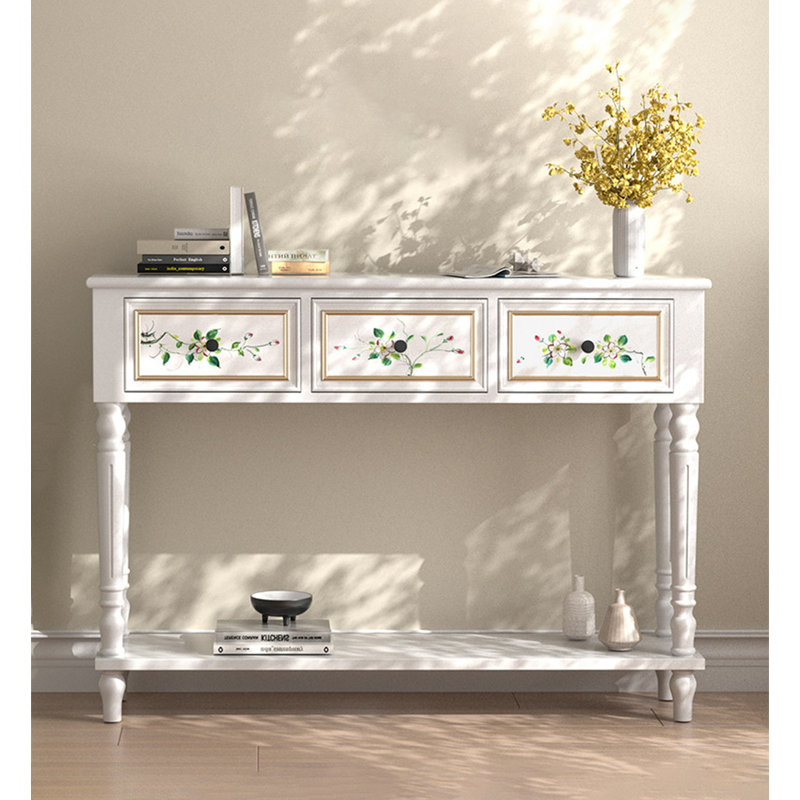 Table console en bois massif Shabby Chic, H 33,5 po x l 39,4 po x P 11,8 po, Blanc, Blanc, Blanc