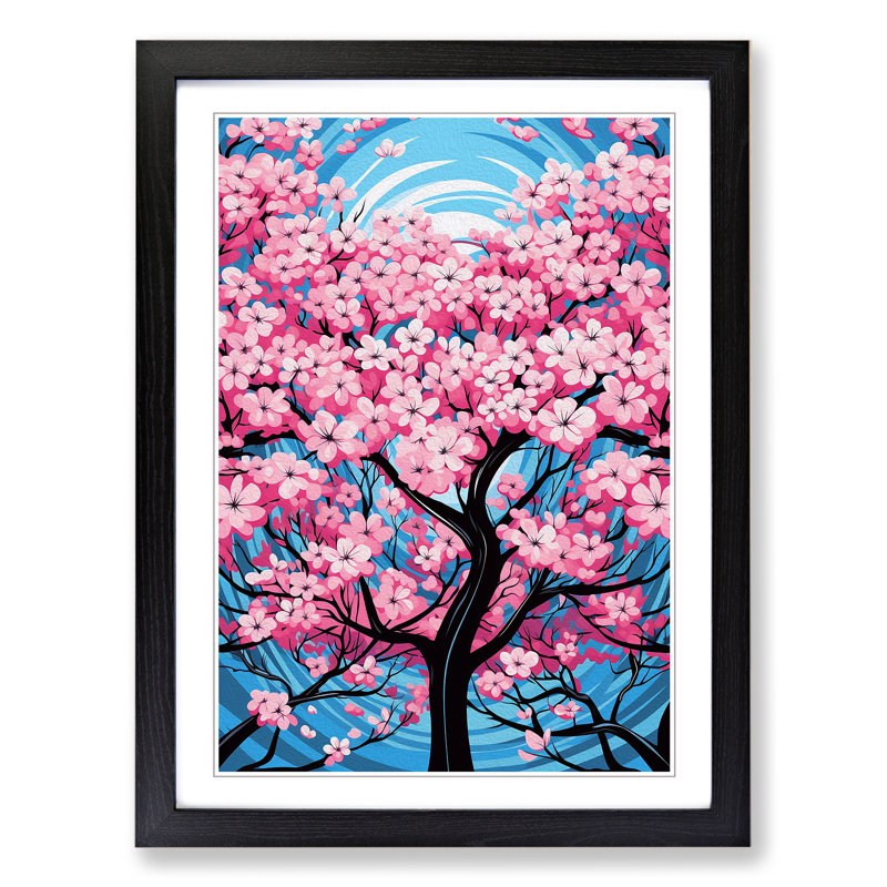 Cherry Blossom Tree Op - Single Picture Frame Print on Wood, Black Framed, 64cm H x 46cm W x 2cm D