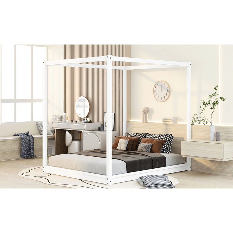 Queen Size White Platform Bed With Canopy And Support Legs - Clean Silhouette, Stable Support, Keeps Mattress Cool Fresh Mattress, Base