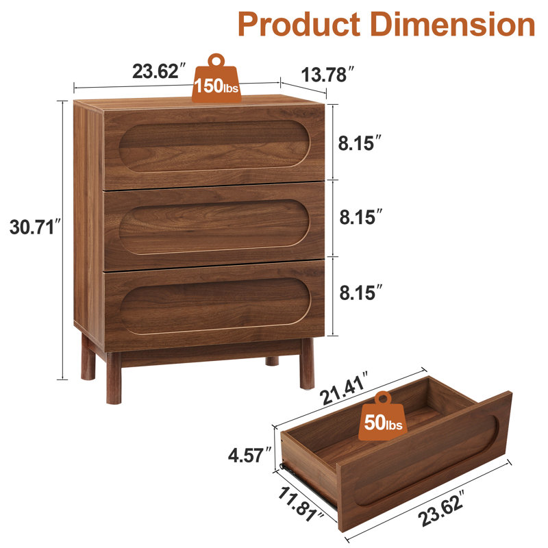 Carreiro 3-Drawer Dresser, 23.6"w Nightstand, Brown