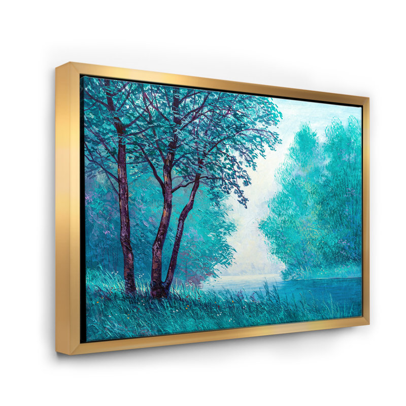 «Blue Colored Tree Impression III», peinture sur toile, H 30 po x l 40 po x 1,5 po, Cadre flottant doré