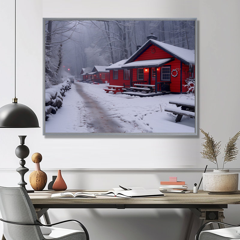 Rouge, blanc, hiver, hôtel, chalet douillet II - hôtels et loges, décoration murale, Encadrement argenté, H 30 po x l 40 po
