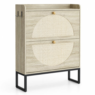Meuble à chaussures avec porte en rotin, 80 cm (31,5 pouces), rangement pour chaussures avec 2 crochets, bois naturel