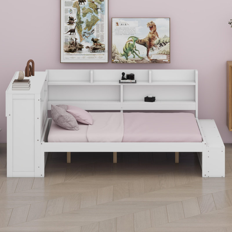Multifunctional Daybed with Integrated Storage Cabinets and USB Charging Ports, White
