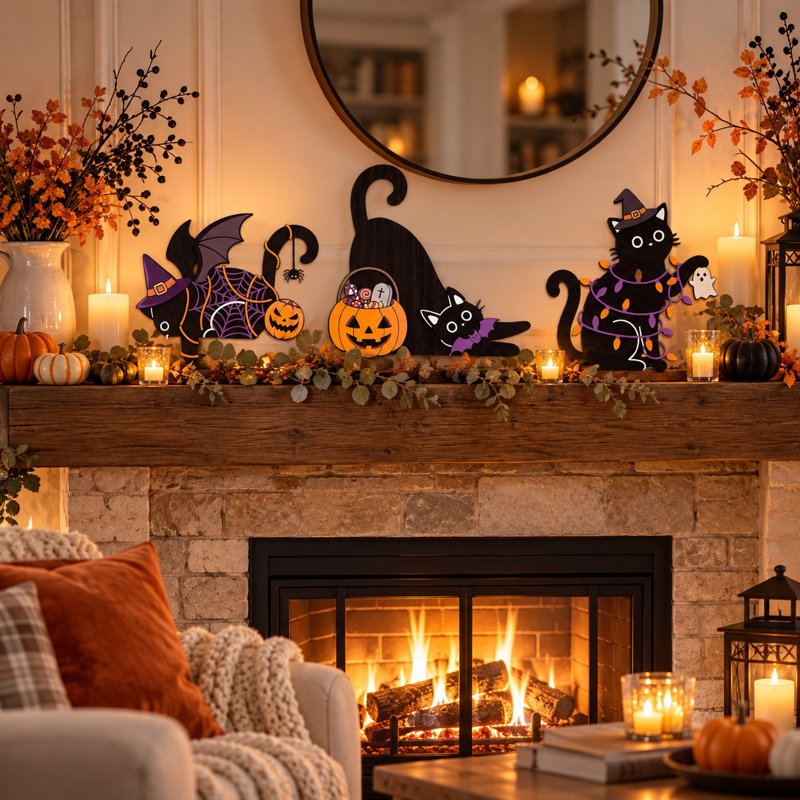 Ensemble de 3 décorations de cadre de porte en bois avec chat noir pour l'Halloween