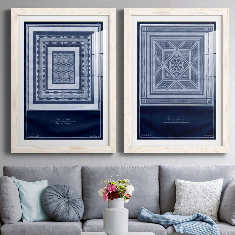Indigo Tile IV - ensemble de 2 impressions encadrées, Blanc, H 31,5 po x l 43,5 po x P 1 po