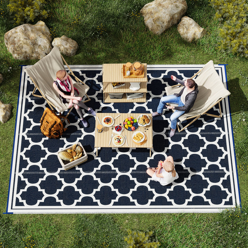9' X 12' Outdoor Rug Carpet, Waterproof And Attractive. Blue & White Reversible Camping With Carry Bag For Rv. Transform Your Area Into A In Backyard, Deck, Picnic, Beach. 12', White. Portable Rv