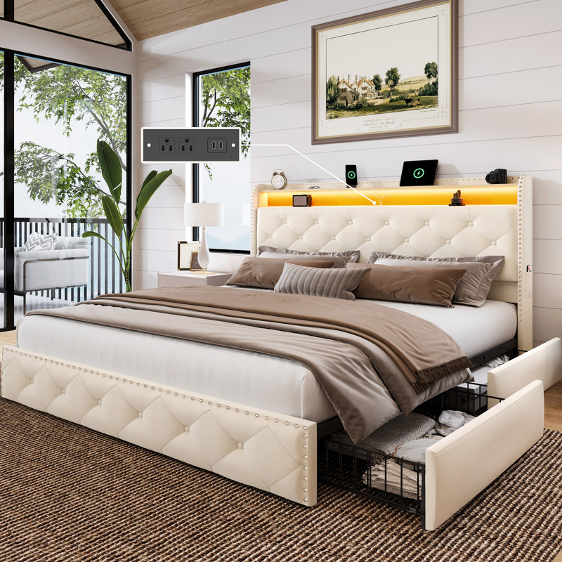 Lit plateforme tapissier avec 4 tiroirs de rangement, grand lit en velours avec tête de lit avec tablette de rangement et station de charge et lumières à DEL, beige