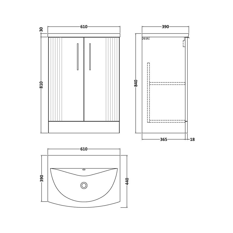 Deco 610mm Single Bathroom Vanity with Integrated Vitreous China Basin, Satin White