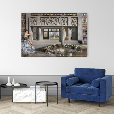 Surreal Library Fishing Surreal Contemporary Fish Architecture Wall Art Print 1 Piece Wrapped Canvas Wall Art