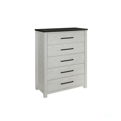 Commode beige Avery avec plateau brun foncé, tiroirs spacieux et poignées noires pour des solutions de rangement élégantes.