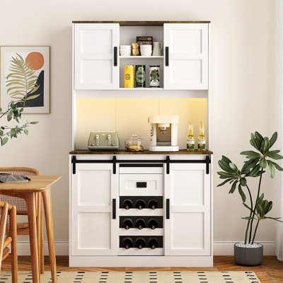 Farmhouse Bar Cabinet With Sliding Barn Door, Large Kitchen Buffetrustic Coffee Bar Sideboard Table