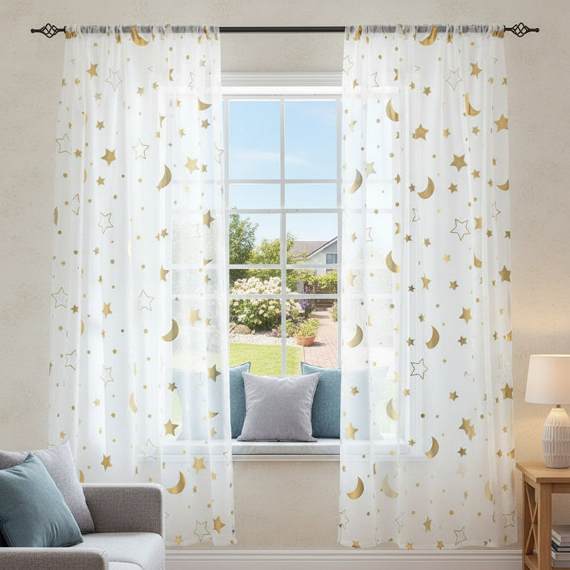 Star Moon Sheer Curtains For Nursery Bedroom - Galaxy Space Theme - Light Filtering Gold Foil Print - Set Of 2 Panels - 39.3X106.3In