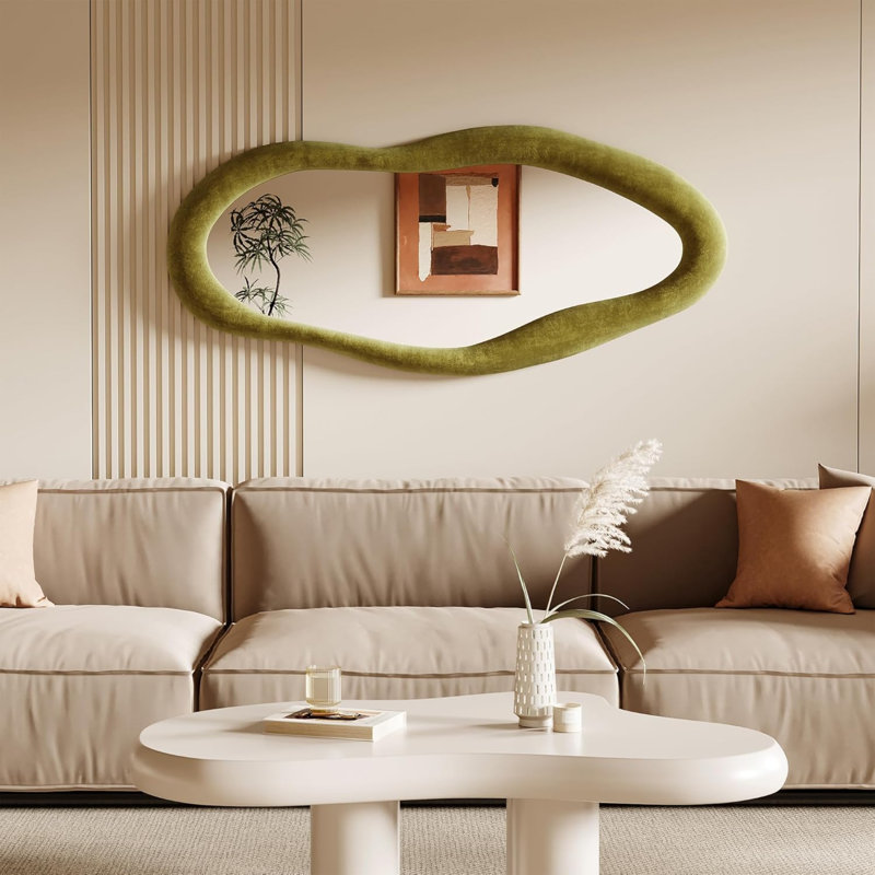 55" X 24" Wavy Mirror, Flannel Wrapped Wooden Frame, Irregular Hanging For Cloakroom/Bedroom/Living Room, Green