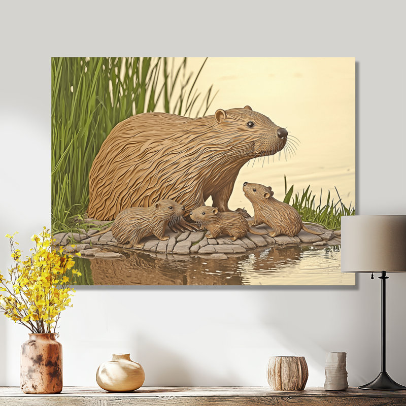 «Beaver Lake Scene In Summer II - Animals», impression murale en métal, H 12 po x l 20 po x P 0,84 po